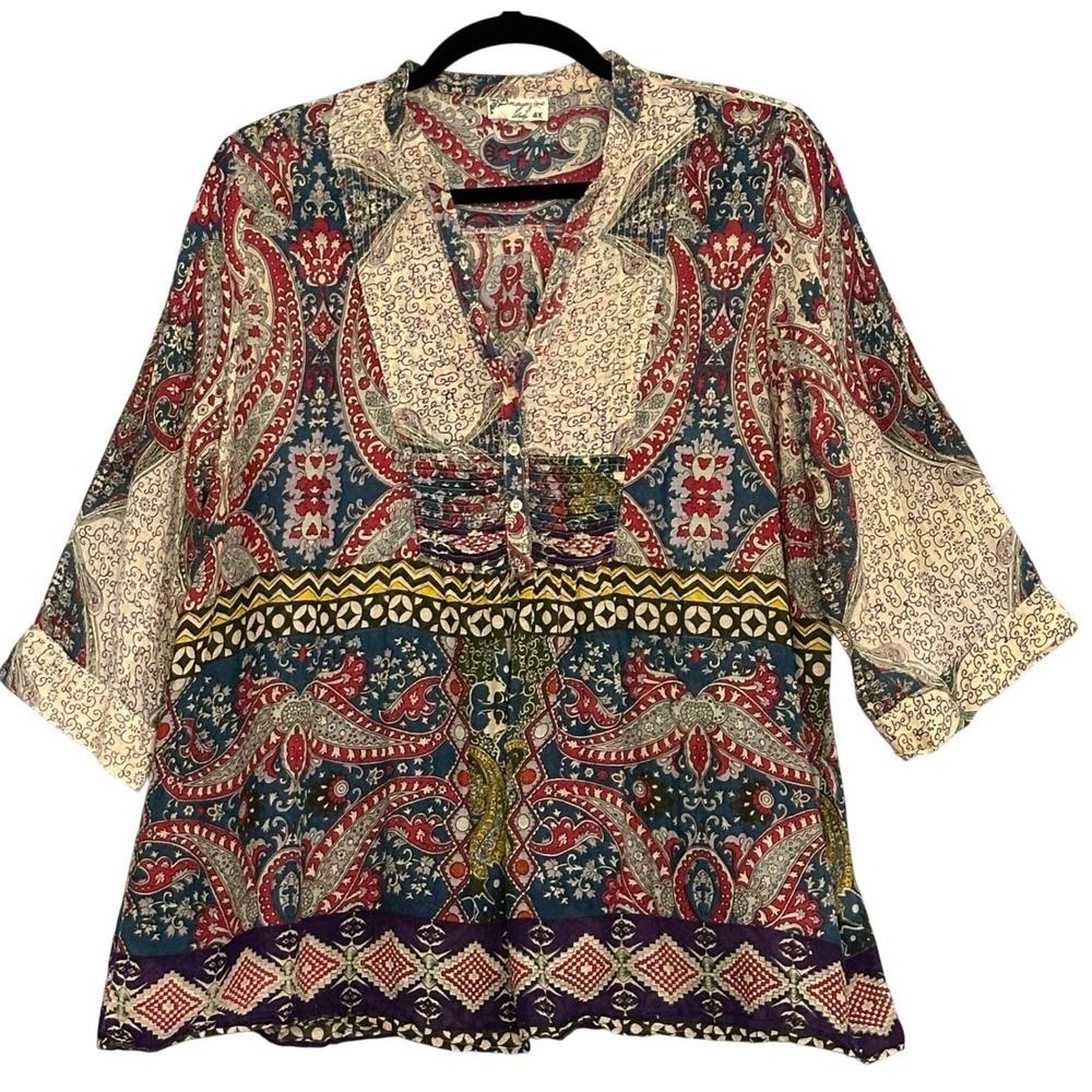 Magazine Lady Women Top 4X Gauzy Paisley Pintuck Tunic Boho Peasant Hippie Gypsy